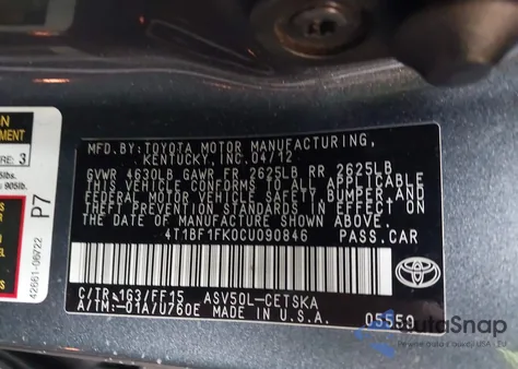 2012 Toyota Camry Se из США, поврежденный, VIN 4T1BF1FK0CU090846